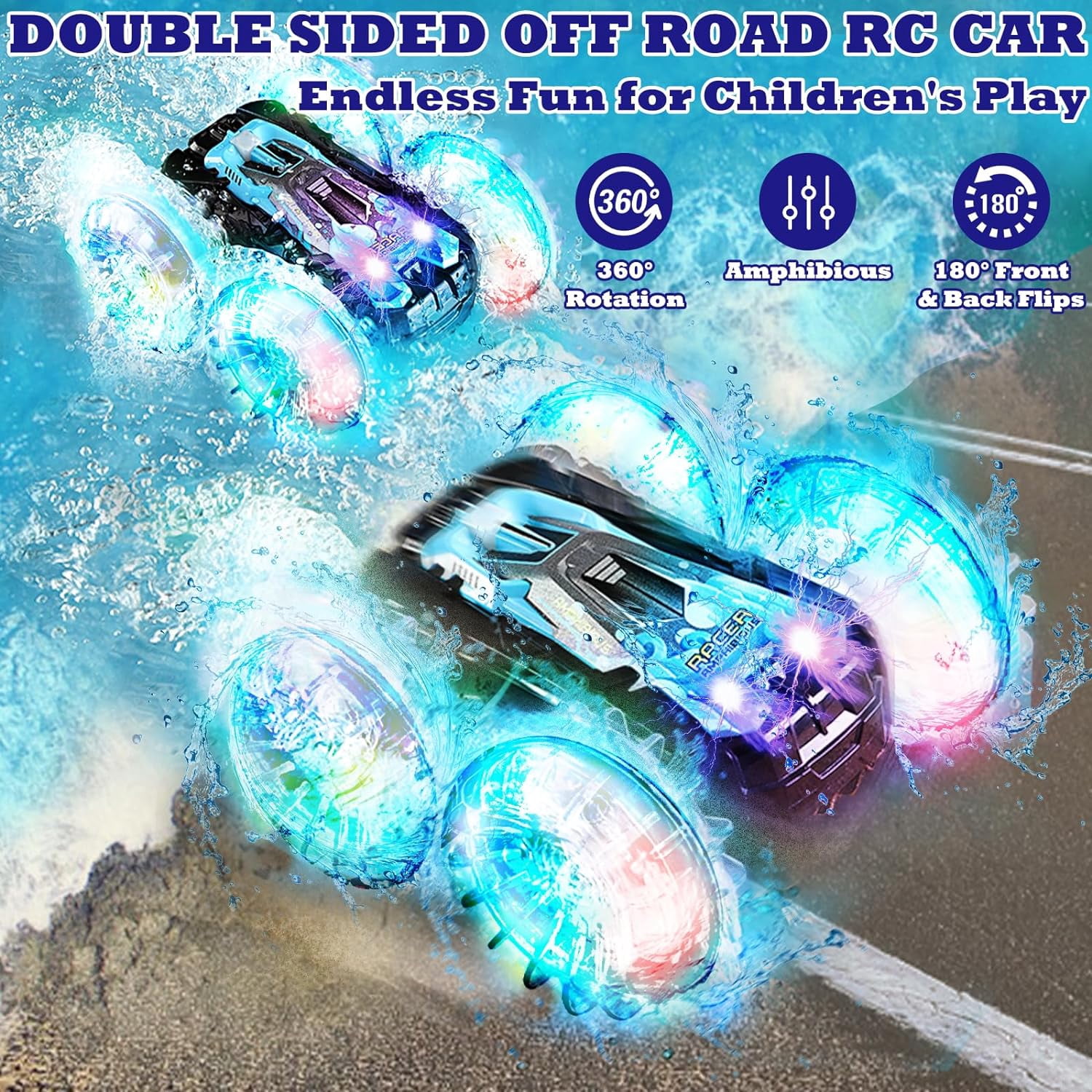 Amphibious Remote Control Cars Toys, Amphibious Waterproof 4WD RC Stunt Car Toys for Kids, 2.4 GHz 360° Rotating RC Drift Cars with LED Light, Toy Cars Gifts for 3-12 Year Old Boys Girls,Blue