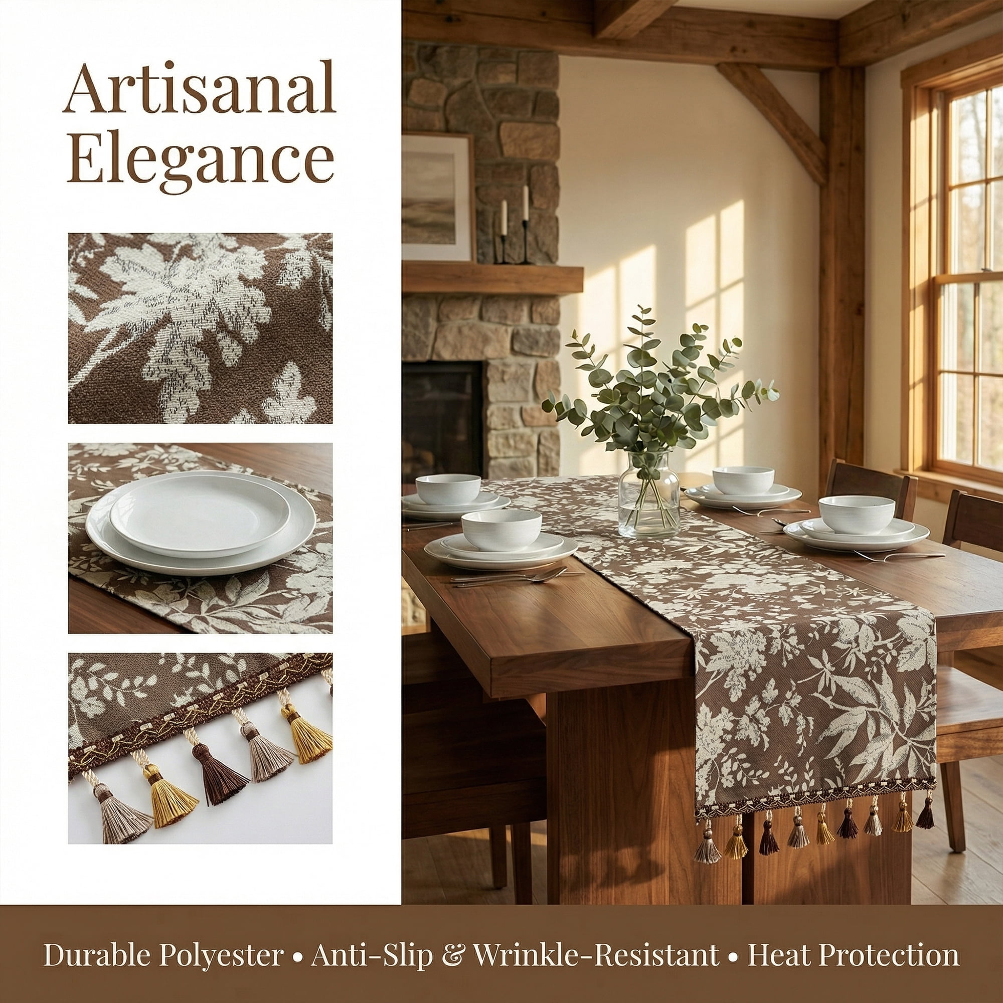 Unique Bargains Floral Table Decoration Kitchen Runner with Tassel Coffee 13.8x70.9in