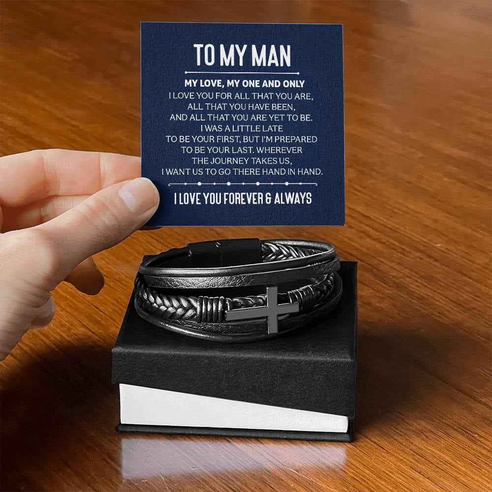 To My Man My Love My One and Only Men's Cross Bracelet - Vegan Leather with Stainless Steel