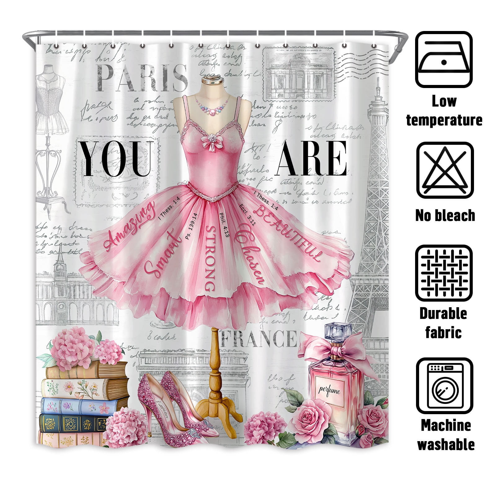Pink Girly Dress Shower Curtain, Fashion Modern Ballet for Girls Women Bath Curtain, Eiffel Tower Paris Perfume High Heels Makeup Bathroom Decor Fabric Polyester Waterproof 12 Pack Hooks,70X85in