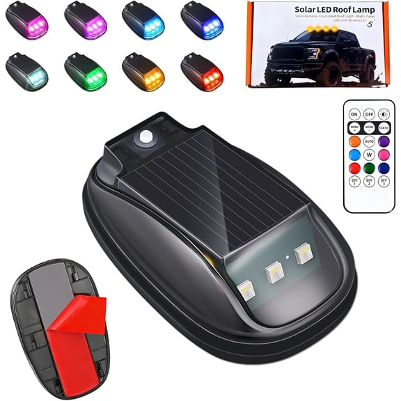 Solar Car Roof RGB Strobe Light with Remote Control Cab Signal Lam, No Drill Solar Cab Lights, 8 Colors LED Strobe Lights, Waterproof Solar LED Roof Lamp for Trucks Cars, SUVs, RVs (1pcs)