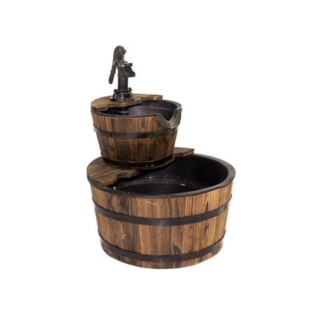 - 23 Inch Two-Tier Wooden Water Barrel Fountain