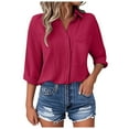 thumbnail image 3 of GEWSEY Womens Button Down Shirts Dress Shirts Long Sleeve Blouses V Neck Solid Casual Tunics Tops with Pockets (Hot Pink, M), 3 of 5