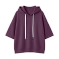 thumbnail image 2 of AKOEE Women's Oversized Hoodie Plus Size Batwing 3/4 Sleeve Hooded Sweater Loose Drawstring Plain Sweatshirts (S, Purple), 2 of 6