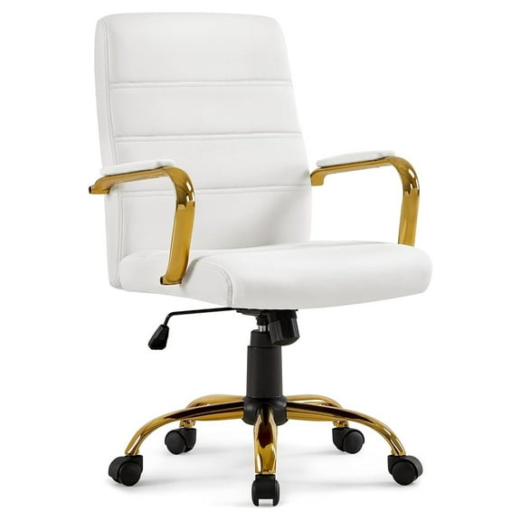Beran7 Office Desk Chair Mid-Back Adjustable PU Leather Executive Chair w/Gold Frame White Seat
