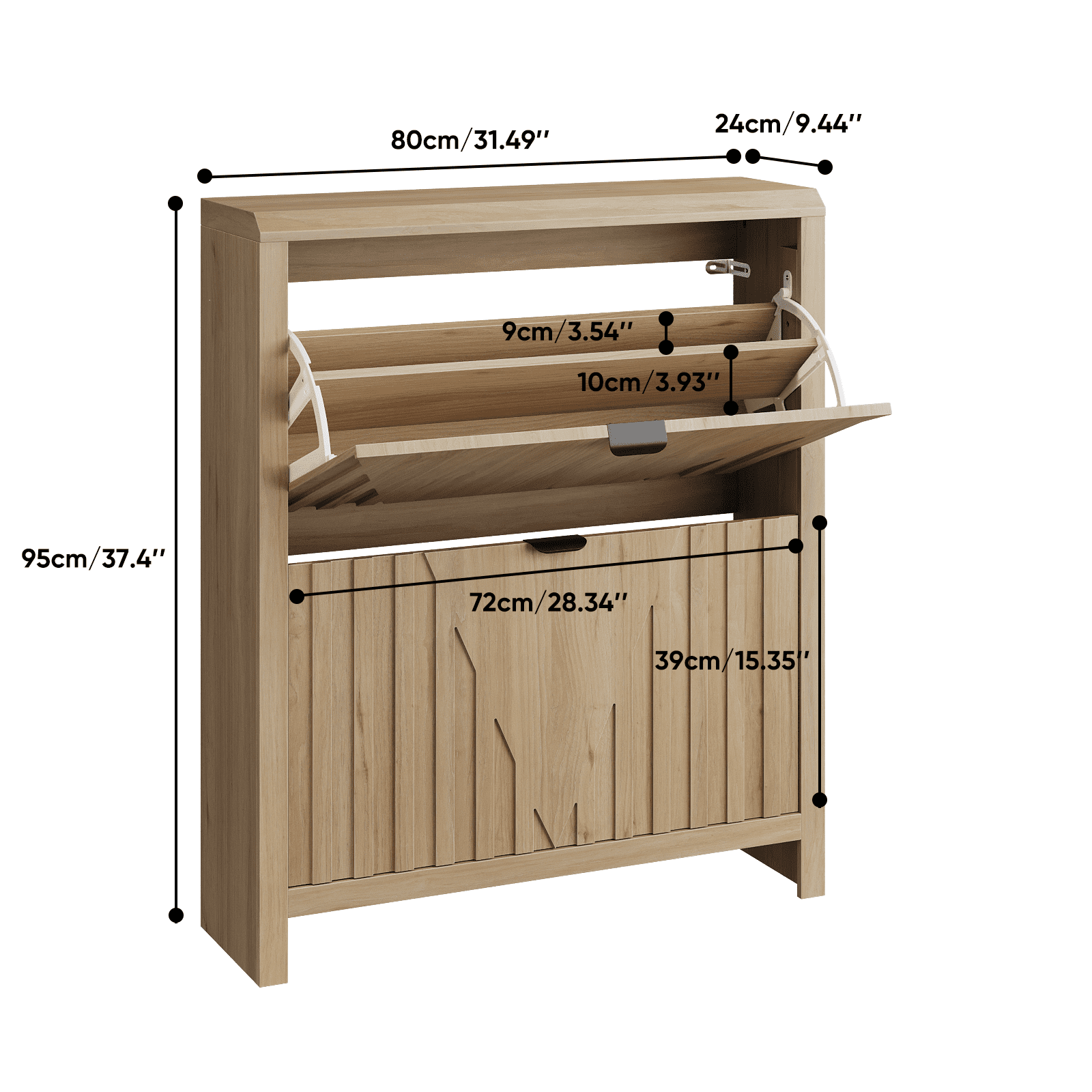 31.5 Inch Oak Flip-Down Shoe Cabinet with Vertical Carved Panels, Large Capacity Dustproof Freestanding Entryway Shoe Rack Holds 12-16 Pairs for Hallway Foyer