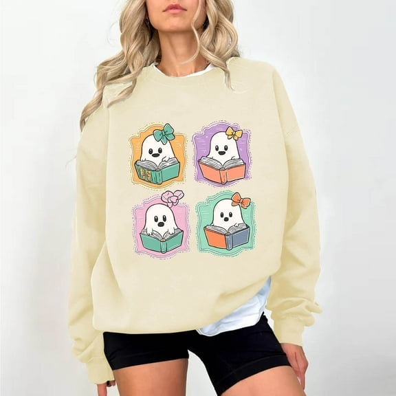 HOOJT Women's Crewneck Sweatshirts Fall Long Sleeve Shirts Halloween Printed Hoodless Sweatshirts Funny Novelty Pumpkin Print Loose Pullover Top Halloween Costumes