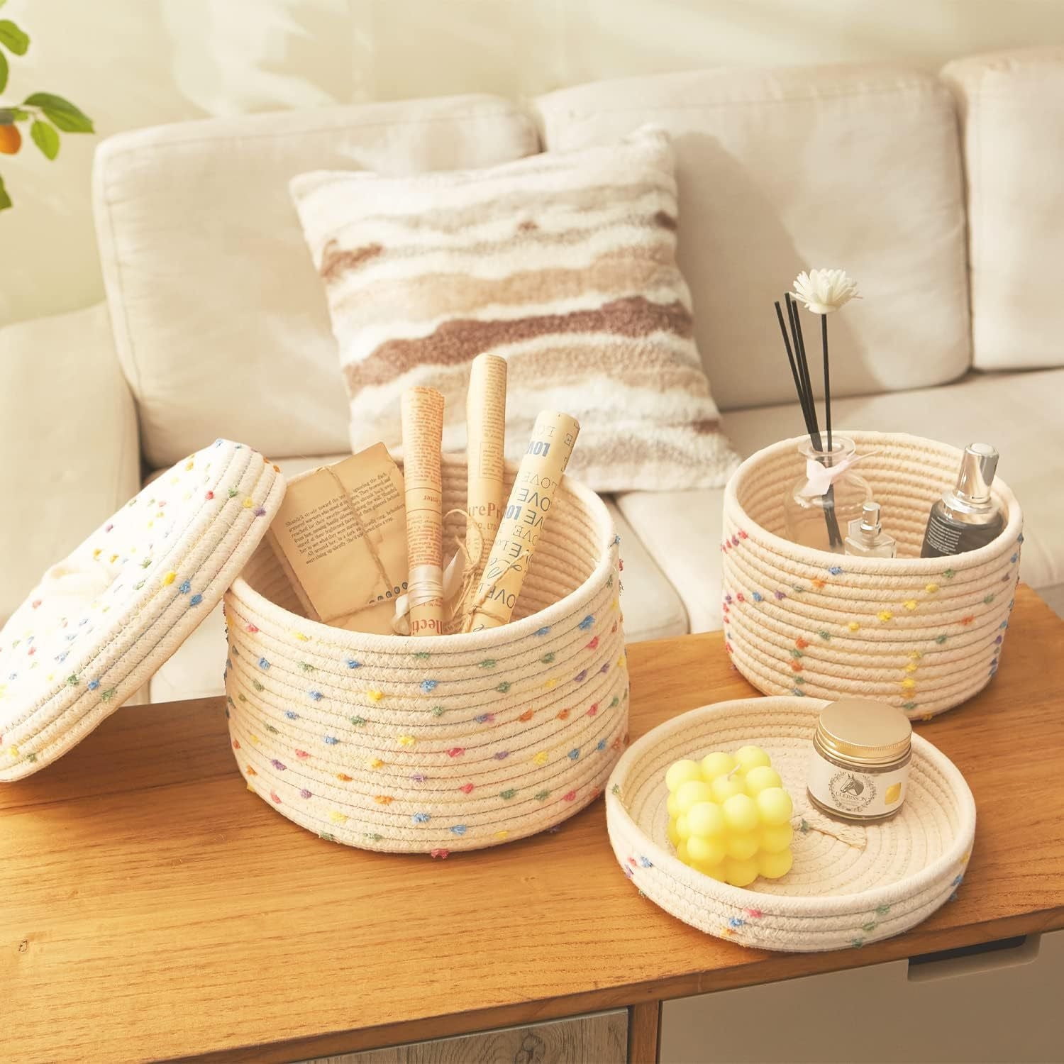 ZWHong 2-Pack Small Rope Basket with Lid, 10&8 Inch Round Woven Storage Baskets Set with Colorful Rainbow Pompom, 100% Natural Cotton Decorative Organizer for Home, Toys, Nursery
