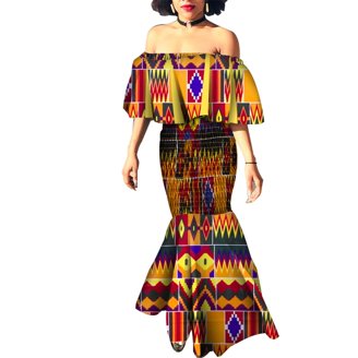 Iooiooi African Wax Print Dress - Long Sleeve Slash Neck Ankara Gown, Midi Length, Large Size Available