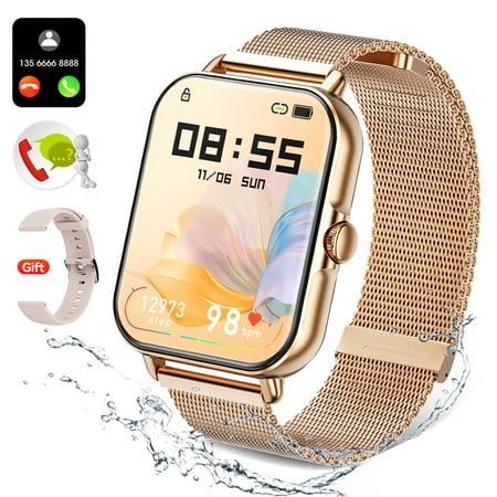 Carkira Smart Watch for Women, 1.69 inch Smart Watch with Answer/Dial, Heart Rate Monitor/AI Voice Control/Fitness Tracker Smart Watch for Android Apple (Gold Steel Belt)