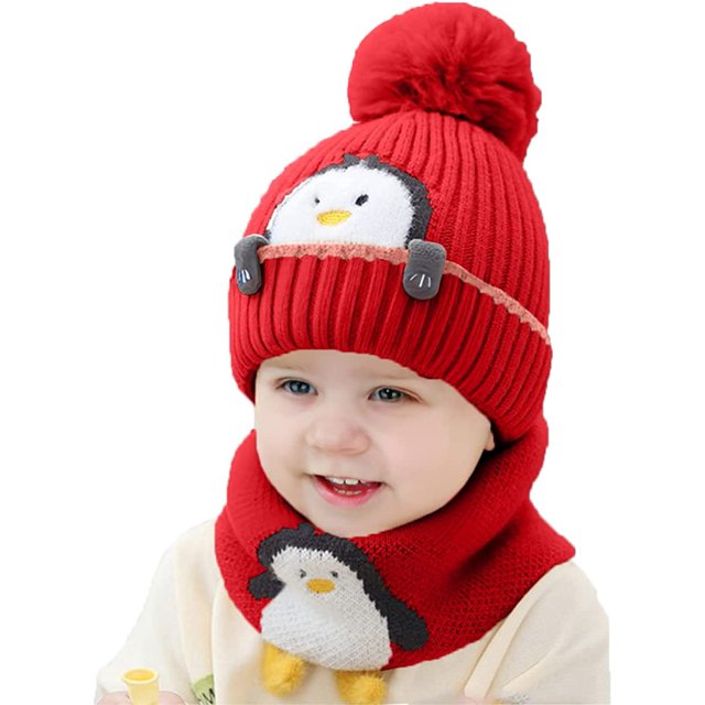 Conjunto de Gorro y Bufanda Gorro de Punto para bebé de Invierno para niños con Pompón de 2 Piezas Gorro de Punto cálido para niño y niña con Bufanda Circular Conjunto de Calentador de Cuello de Ganc