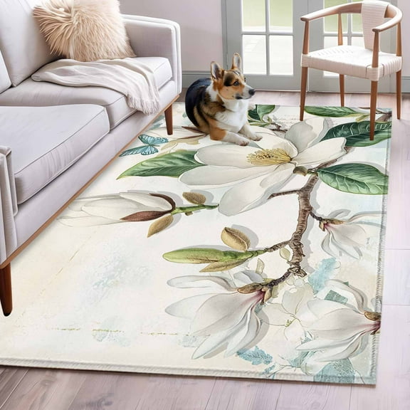 White Floral Area Rug 4x6 Washable Rug Non Slip Botanical Magnolia Flower Leaves Butterfly Large Area Rug Indoor Floor Carpet for Entryway Bedroom Kitchen Living Room Home Office Dining Room Nursery