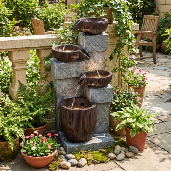 Waterfall Fountain with LED Lights  Resin Fiberglass Outdoor Fountain Adjustable Flow for Garden Patio Gray Brown