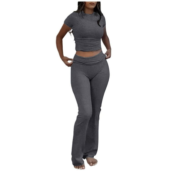 Women's 2 Piece Activewear Set - Slim Short Sleeve Top & Low Rise Flared Leggings, 92% Viscose Yoga Lounge Outfit