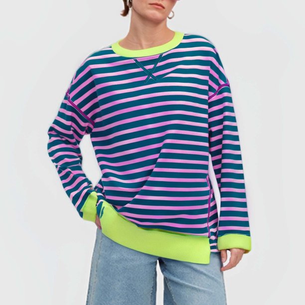 MHFRRA Camiseta Informal de Otoño/Invierno con Estampado de Rayas, Cuello Redondo, Manga Larga, Bloque de Color Azul