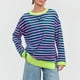 thumbnail image 1 of MHFRRA Camiseta Informal de Otoño/Invierno con Estampado de Rayas, Cuello Redondo, Manga Larga, Bloque de Color Azul, 1 of 4