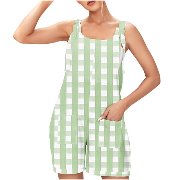 Summer Romper for Women Casual Fashion Plaid Criss Cross Print Short Jumpsuit with Pocket Tie Knot Front Loose Overalls, Green, XL
