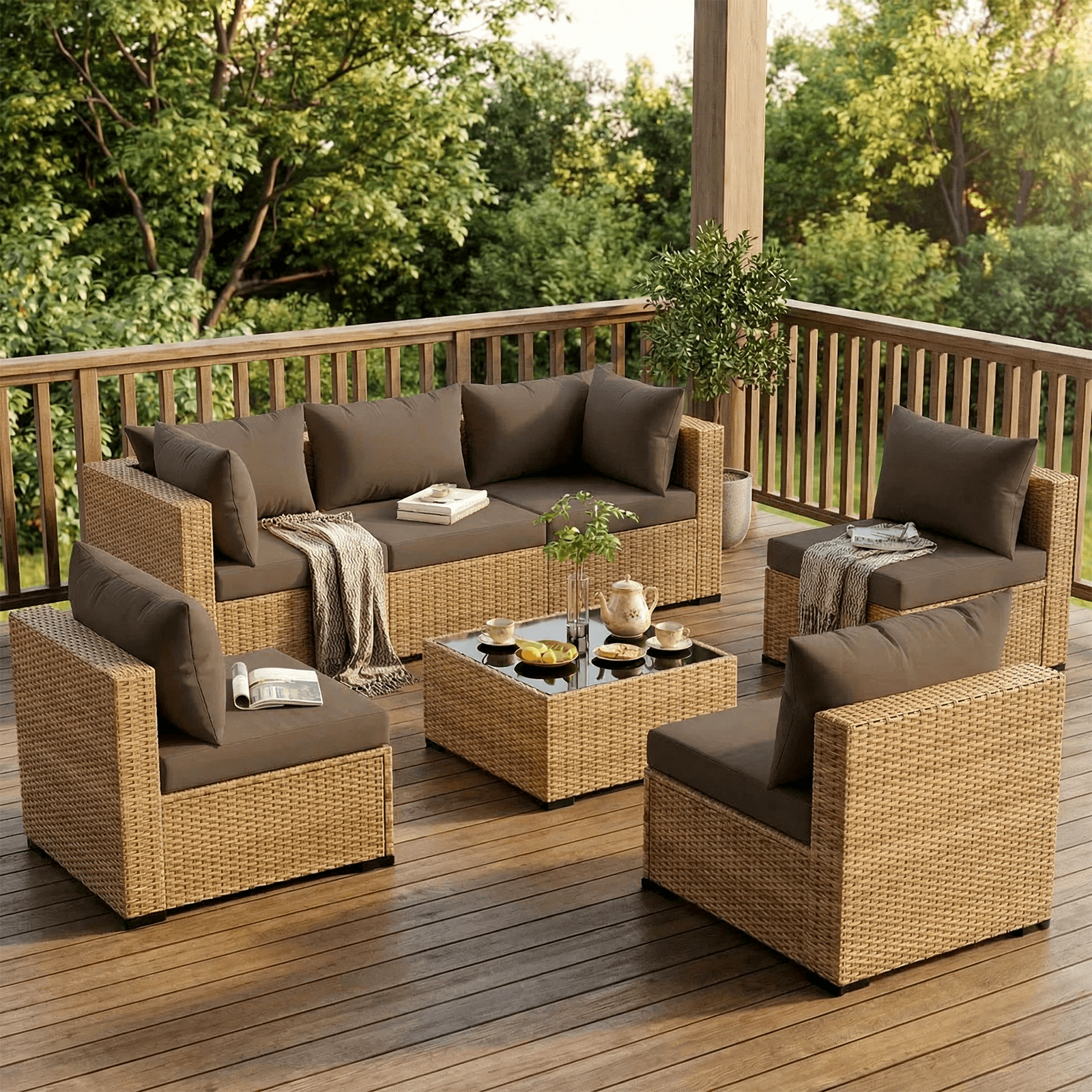 ELPOSUN 7-Piece Patio Furniture Set, Outdoor Conversation Set, All-Weather Wicker Outdoor Sectional Sofa Set with Table & Cushions, Brown