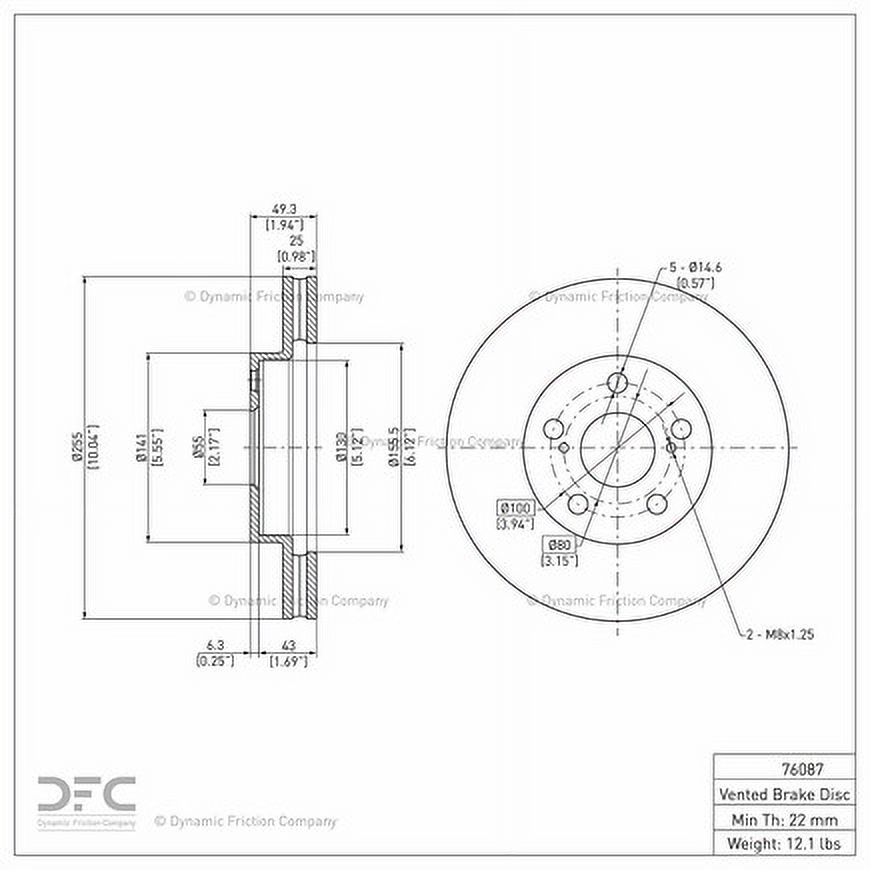 Front Dynamic Friction Company Disc Brake Rotor 600-76087 (1) For 2010-2015 Toyota Prius, 2011-2017 Lexus CT200h, 2012-2015 Toyota Prius Plug-In