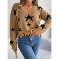 thumbnail image 2 of V Neck Star Pattern Distressed Detail Cropped Sweater for Women Brown Small, 2 of 5