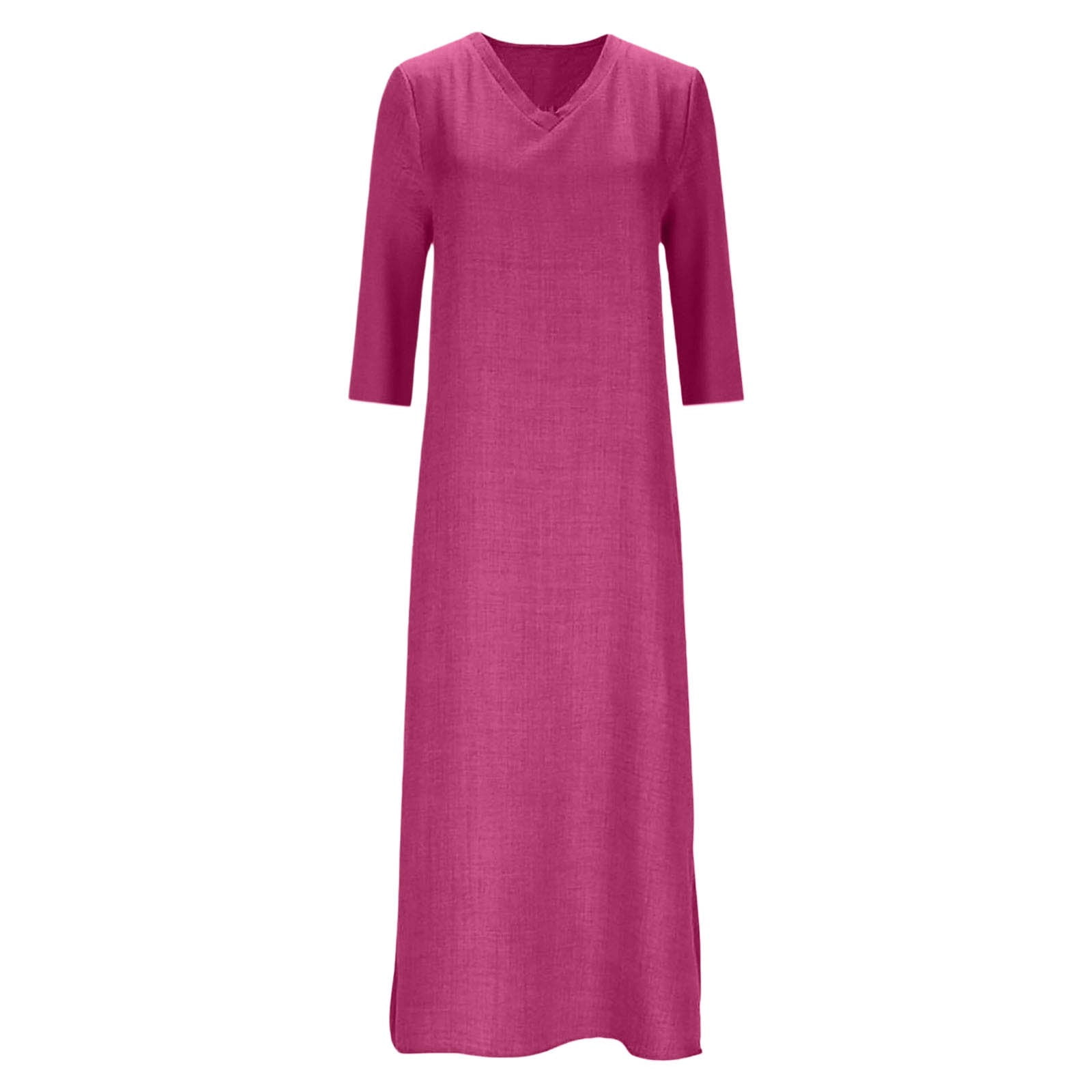 LIIPEE Women Dresses Solid Color Loose 3/4 Sleeve V Neck A-Line Midi Sundress Woman Versatile Casual Daily Party Dress,Hot Pink,Xxl