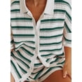 thumbnail image 4 of Argulvti Women Pajamas Set 2 Pieces Loungewear Suits Viscose Stripe Contrast Color Button Crochet Knit Tops and Shorts Lounge Sets, 4 of 6