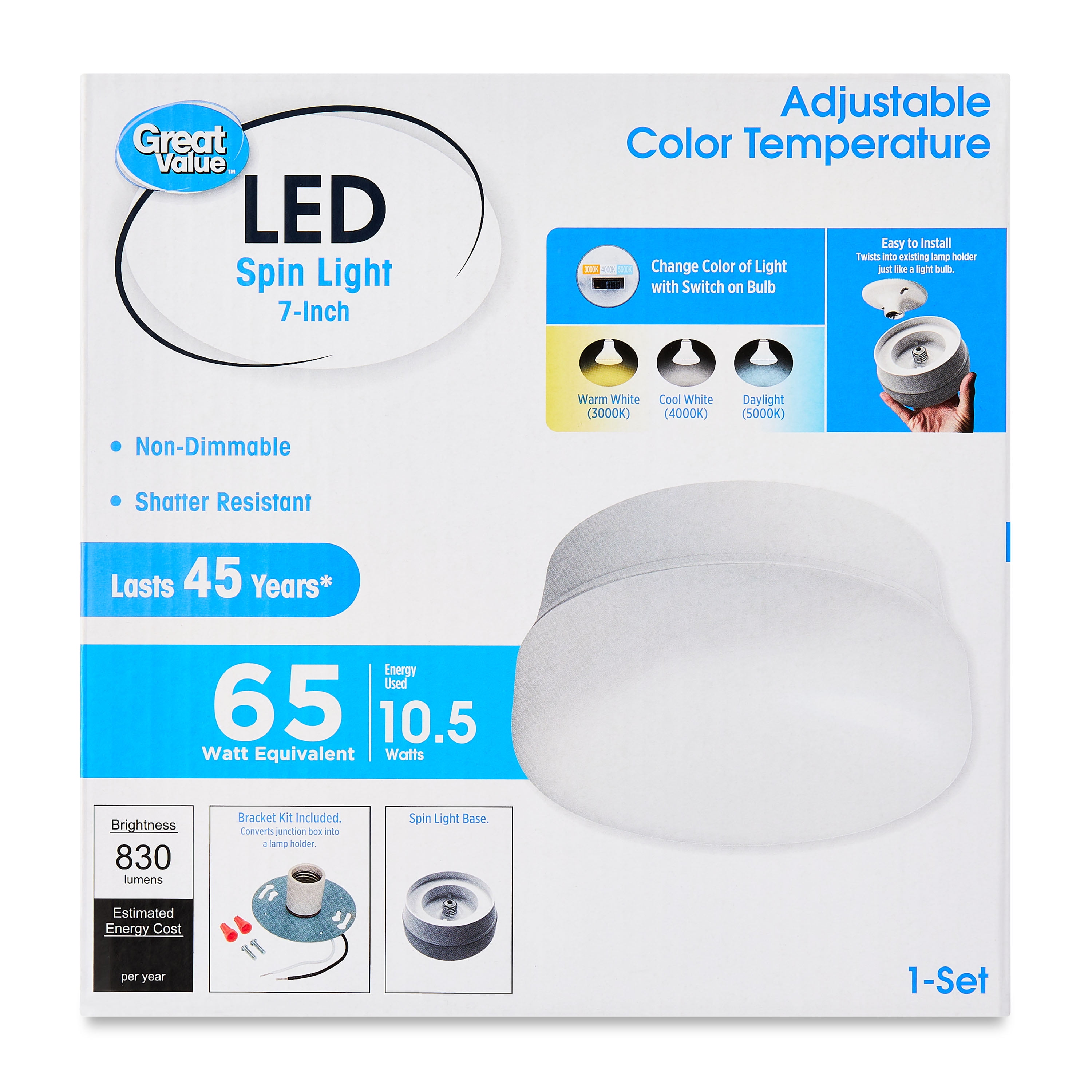 Great Value 7-Inch White LED Spin Light with 3 Color Temperatures