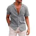 thumbnail image 1 of Camisa informal de lino y algodón para hombre, camisa holgada de manga corta con cuello de solapa, Color sólido, Moda de Primavera y verano, 2023, 1 of 3
