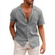 thumbnail image 4 of Camisa informal de lino y algodón para hombre, camisa holgada de manga corta con cuello de solapa, Color sólido, Moda de Primavera y verano, 2023, 4 of 4