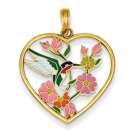 14k Yellow Gold Enameled Hummingbird w/ Flowers Heart Pendant.