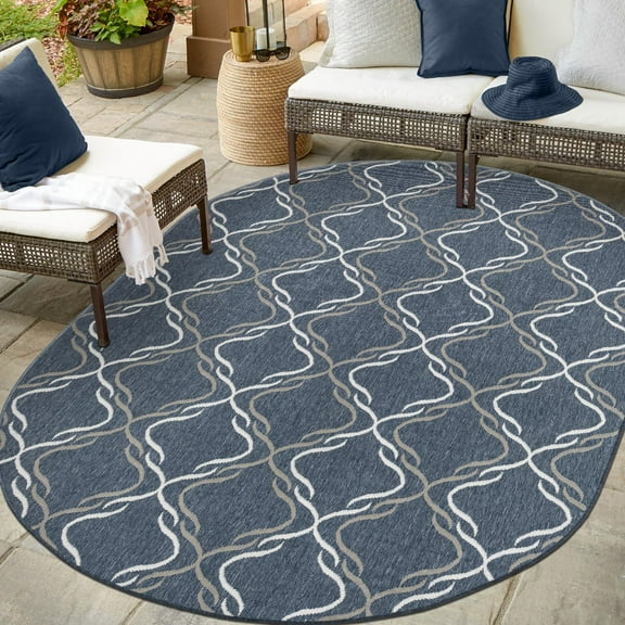 Unique Loom Outdoor Trellis Collection Area Rug - Parmaklik (7' 10" x 10' Oval Navy Blue/Ivory)