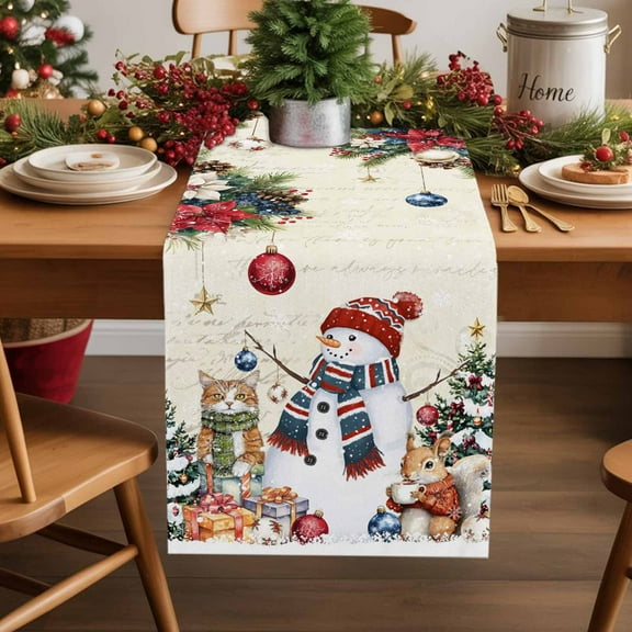 Burlap Table Runner 36 Inches Long,Christmas Snowman Ornaments Pine Tree Non-Slip Kitchen Table Runners for Dining Room Everyday Use Party Table Decorations Red Poinsettia Xmas Bells