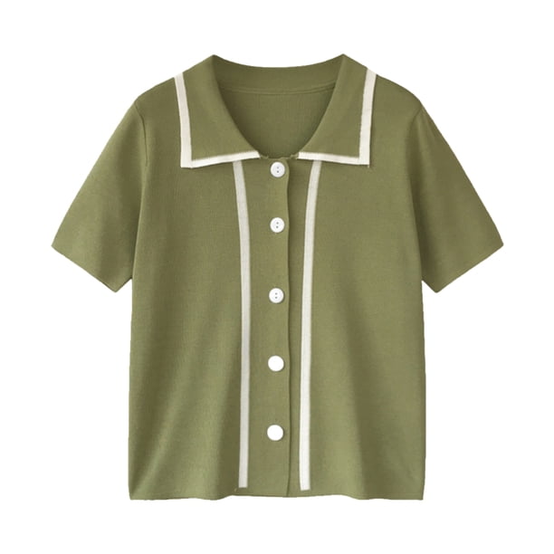 Camiseta de mujer Blusa de solapa delantera con botones Blusa suelta de manga corta para niña, Verde kenally AP001518-02B