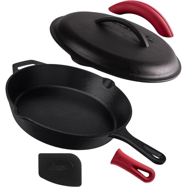 Ensemble de Poêles en Fonte + Couvercles en Verre &#;+&#;+&#;Poêles à Frire + Couvercles Porte-Poignée en Silicone Batterie de Cuisine pour Four Pré-Assaisonnée Utilisation Intérieure/extérieure Gril Cuisinière Camping F