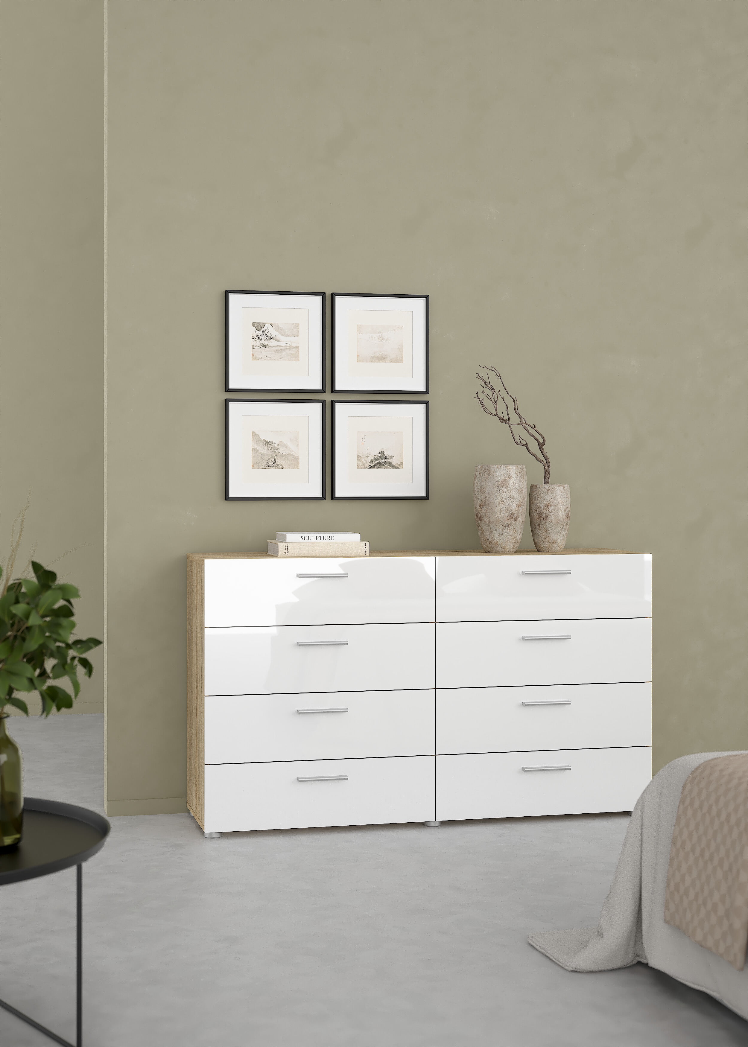 Tvilum Loft 8 Drawer Double Dresser for Adults, Oak Structure and White High Gloss