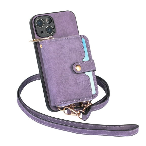 Dteck iPhone 13 Pro Max Crossbody Wallet Case, Zipper PU Leather Phone Case with Card Holder Wrist Strap Purse Cover for iPhone 13 Pro Max,Purple