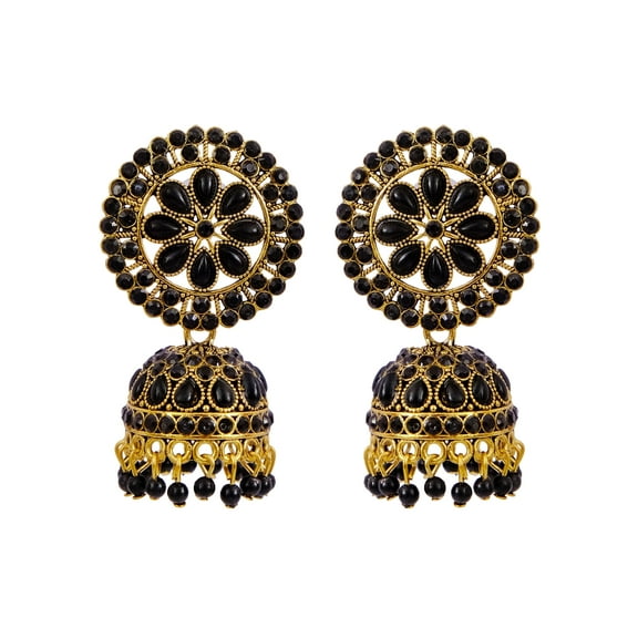 Crunchy Fashion Bollywood Jewellery Traditional Ethnic Bridal Bride Wedding Bridesmaid Gold Plated Meenakari Floral Black Jhumka Earrings With White Pearl For Women'