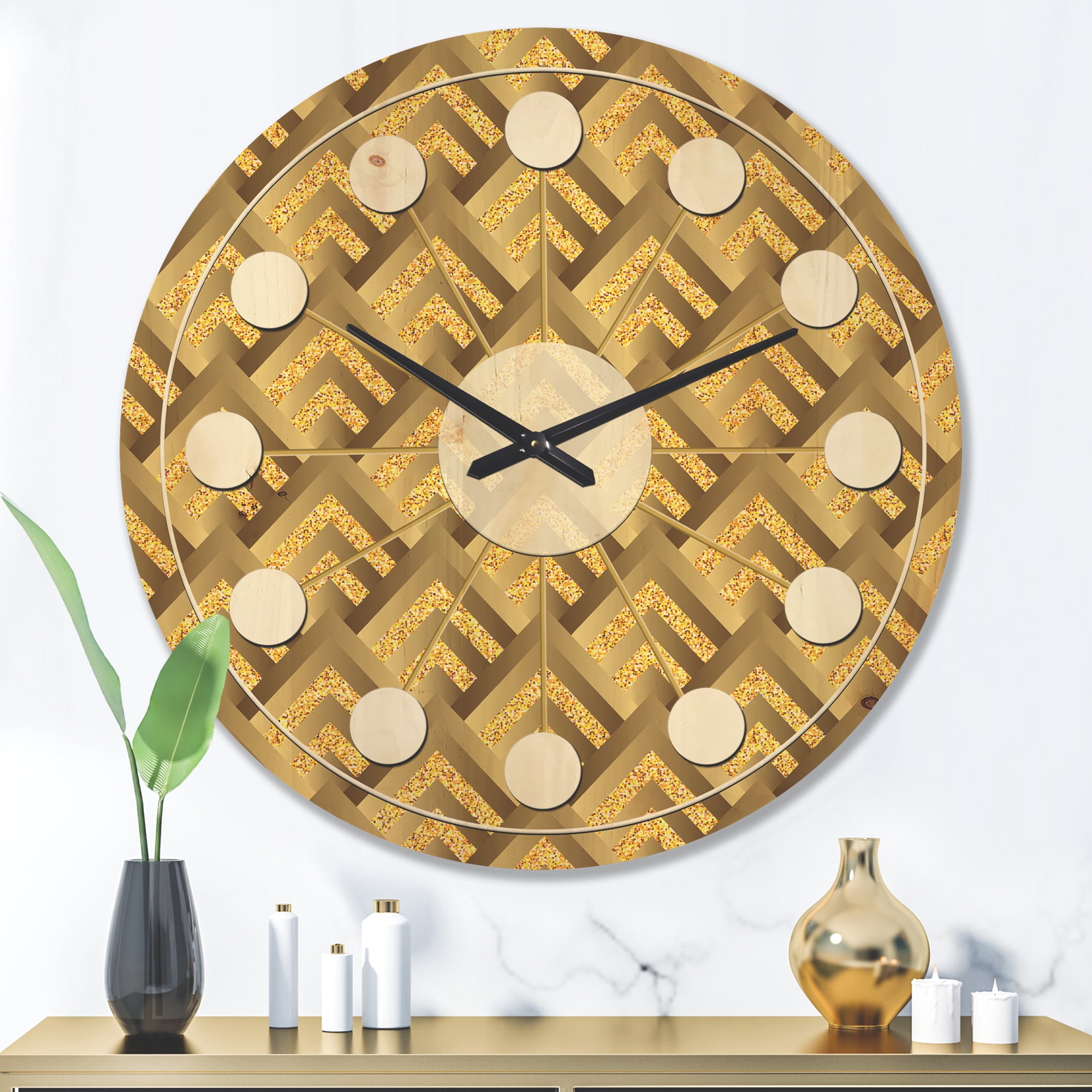 Designart 'Plaid Golden pattern' Mid-Century Modern Wood Wall Clock