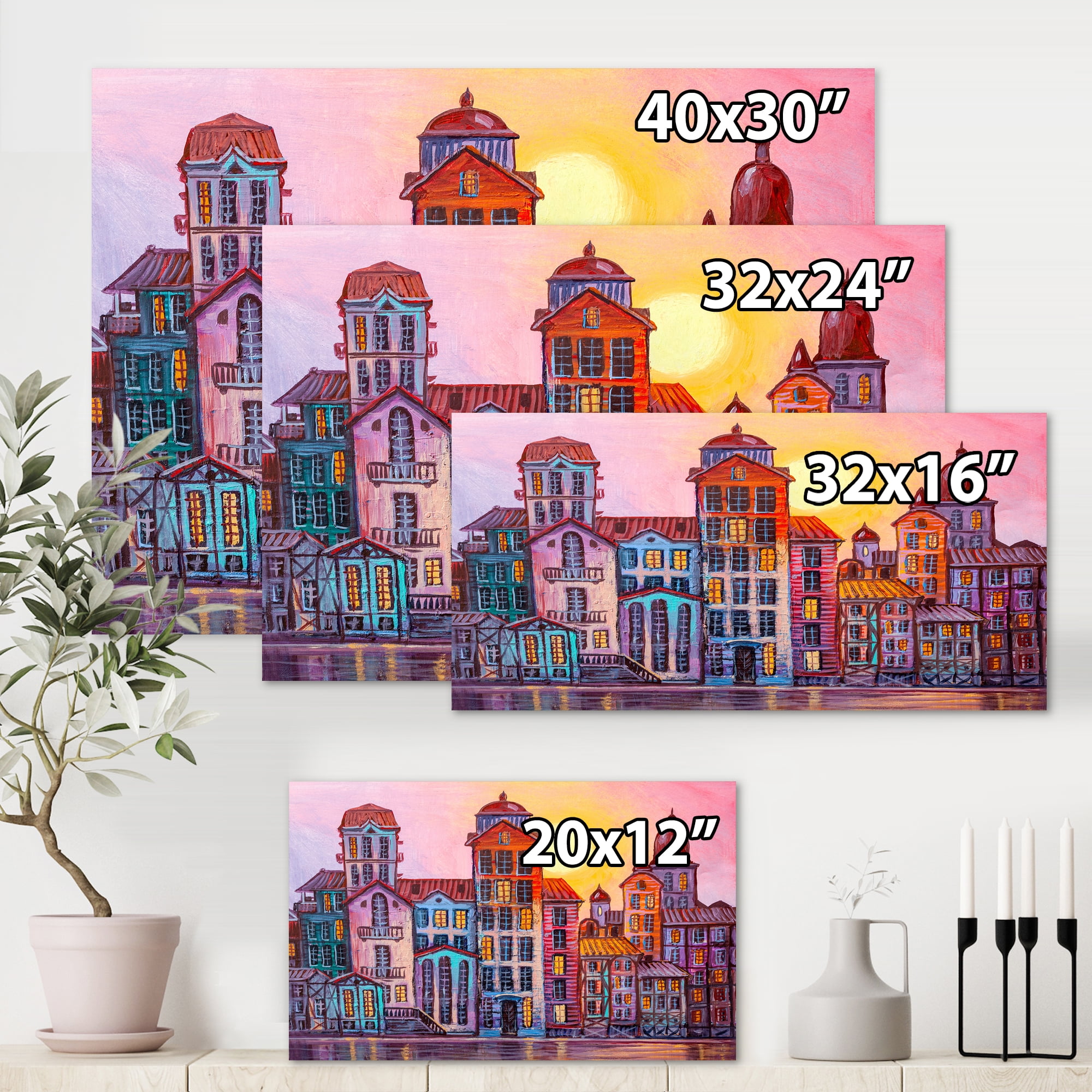 Afternoon Street Scene In Old Town With Colorful Buildings 32 in x 16 in Painting Canvas Art Print, by Designart