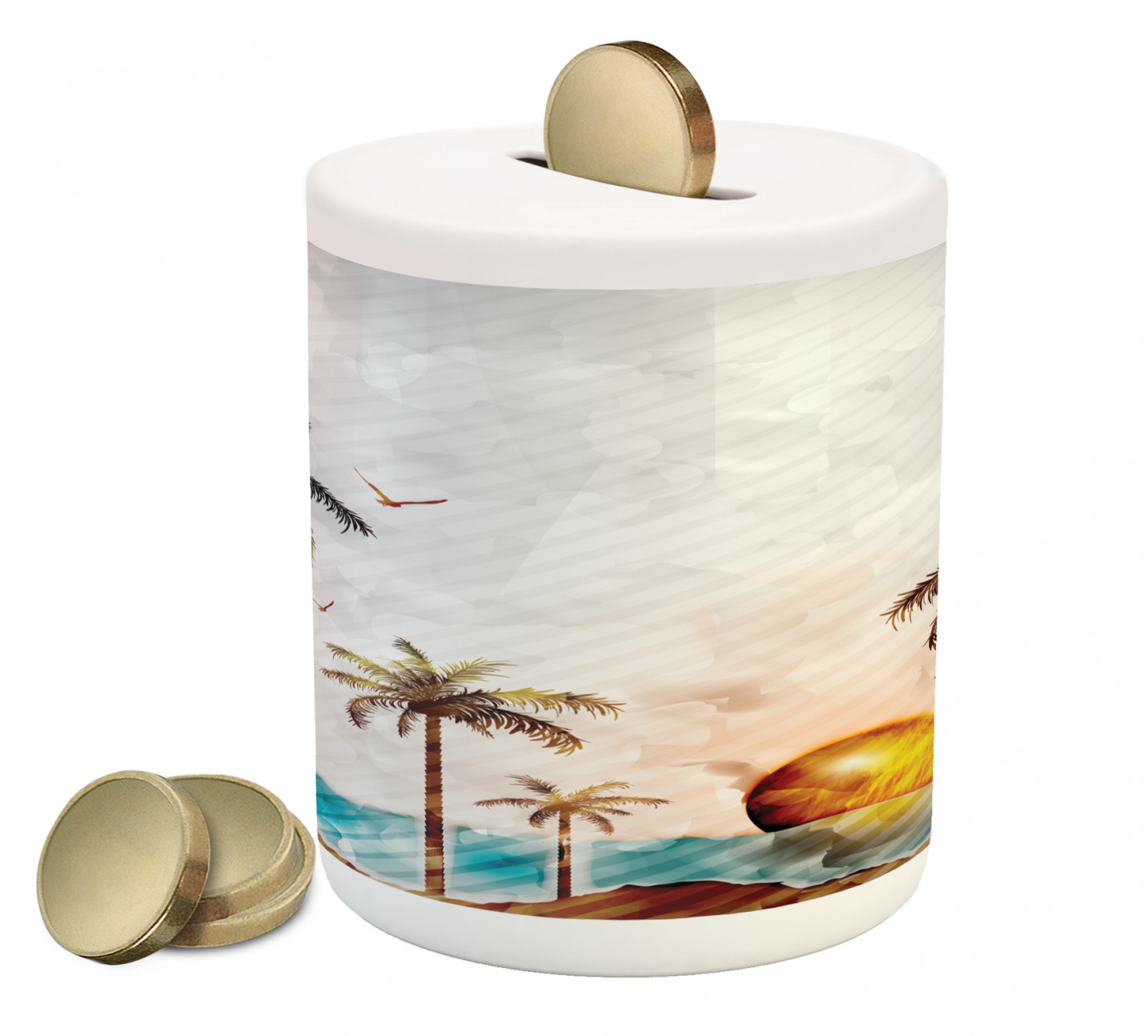 Island Piggy Bank, Tropical Landscape in Watercolor Style Palm Trees ...