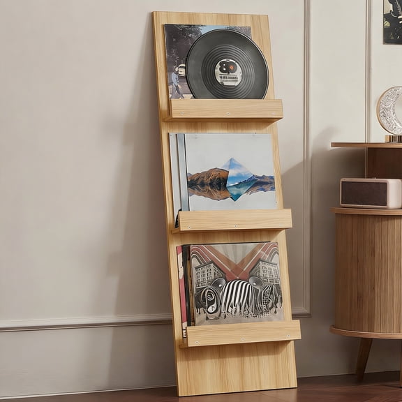 LELELINKY 3-Tier Wall-Leaning Wooden Vinyl Record Holder, 47.5" Tall Display Shelf Holds 30 Albums for Living Room, Natural