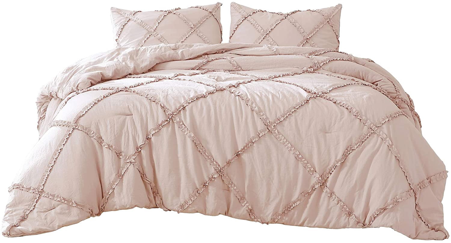 Chezmoi Collection Vivian 3-Piece Diamond Ruffle Trim Washed Microfiber Comforter Set