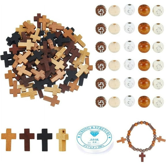 330 Pcs Rosary Making Kit Including 8mm Acrylic/Wood Round Beads Wood Pendants with Elastic Thread DIY Craft Bracelet Necklace Earring Jewelry Making