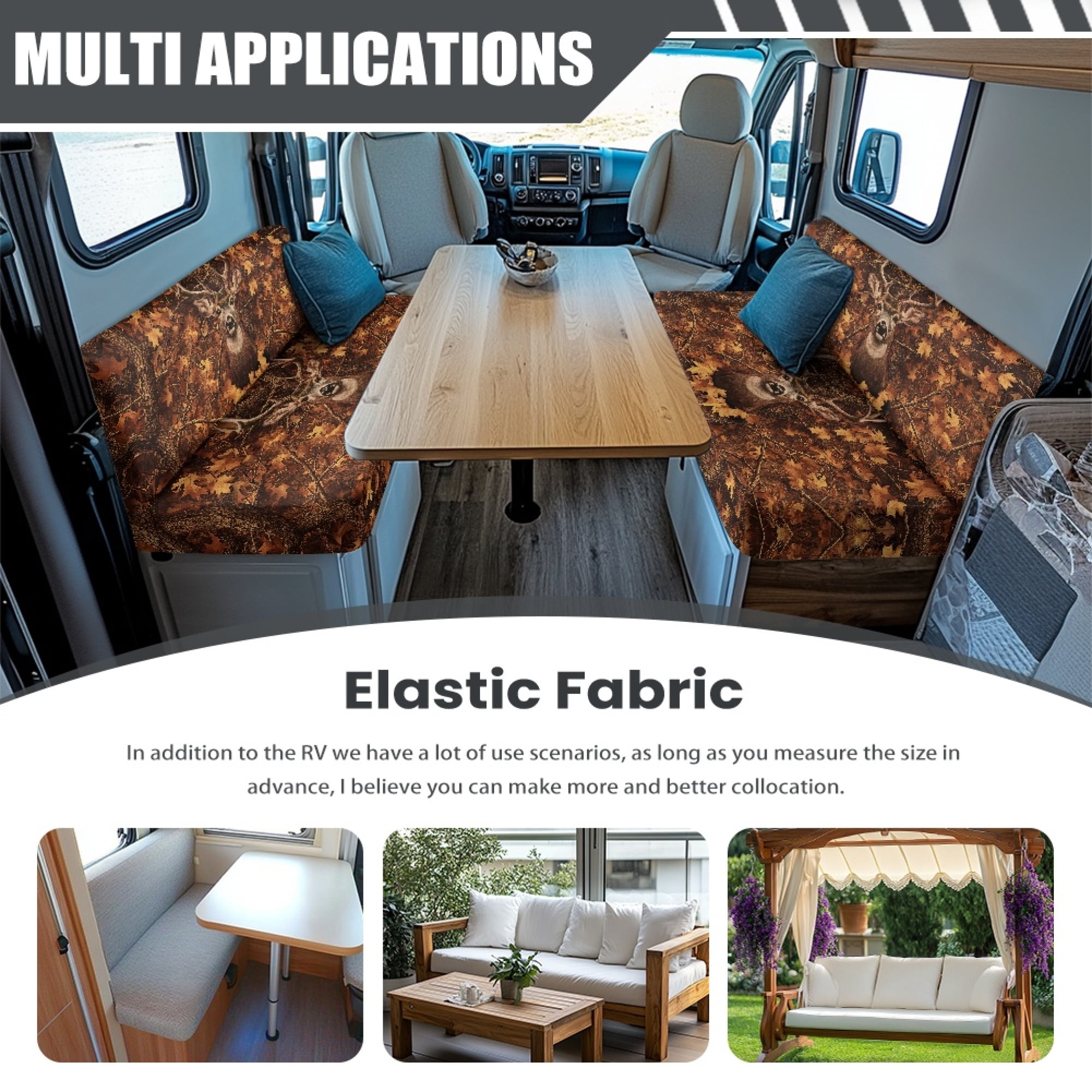 FOR U DESIGNS Deer Camo Print RV Dinette Cushion Covers Washable Sofa Furniture Protector Stretch RV Couch Cover Include 1 Backrest Covers and 1 Bench Covers