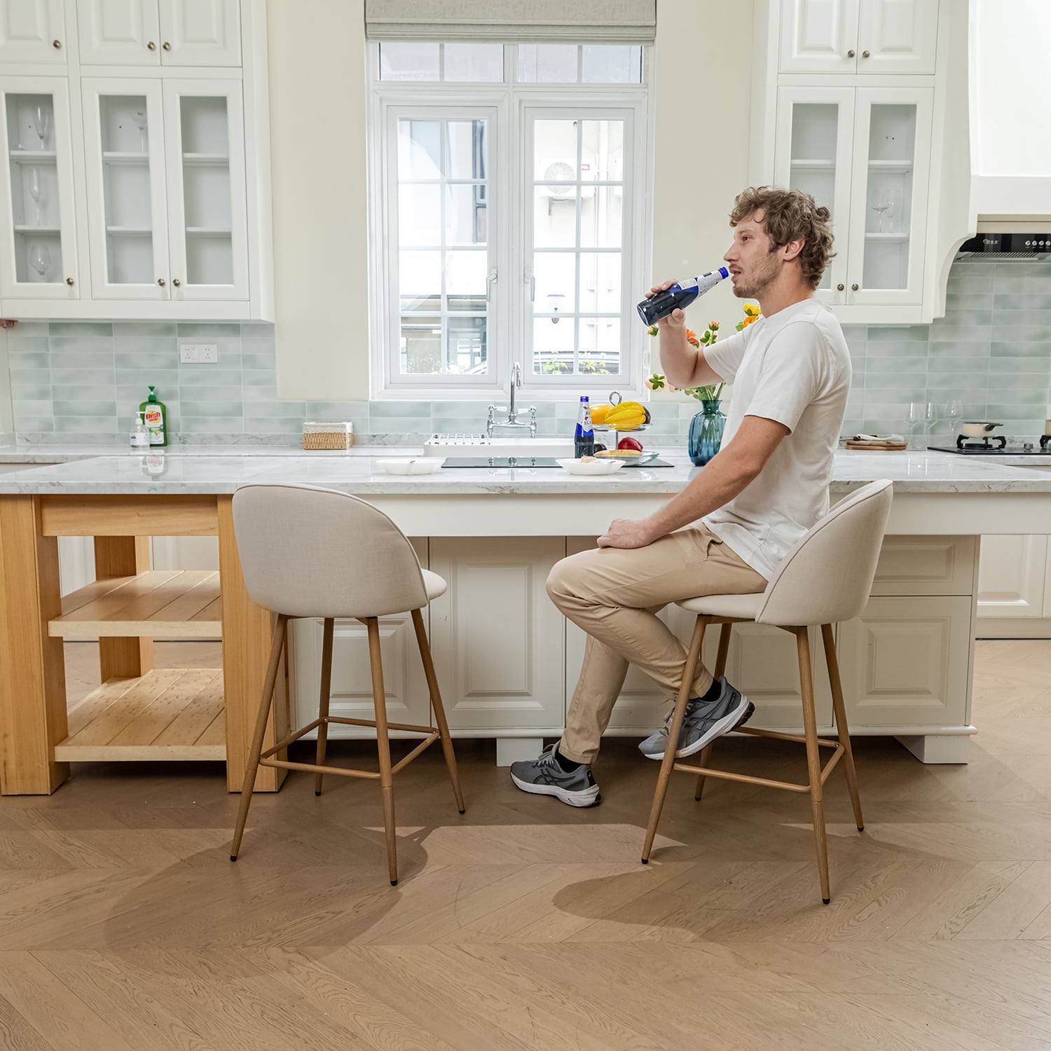 Homy Casa 26" Counter Height Bar Stools Set of 2, Swivel Stools for Kitchen Island, Pale Beige