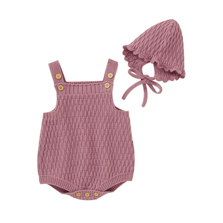 

Baby Girl Set 2PCs Sleeveless Knitted Vest Romper Solid Color Lace-up Hat Jumpsuit