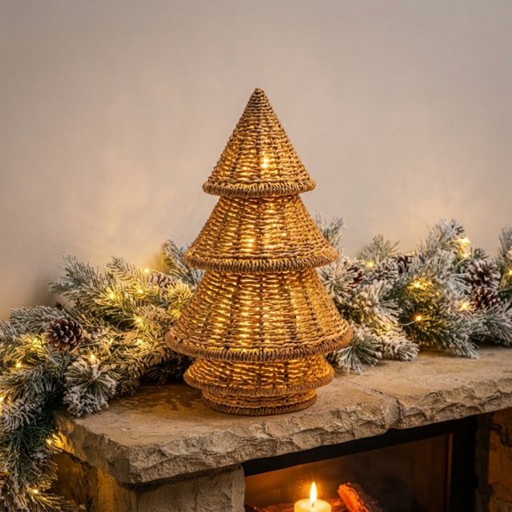 Tabletop Woven Christmas Tree Figurine, 12" Natural Straw Xmas Tree Holiday Decoration for Home Living Room Mantelpiece