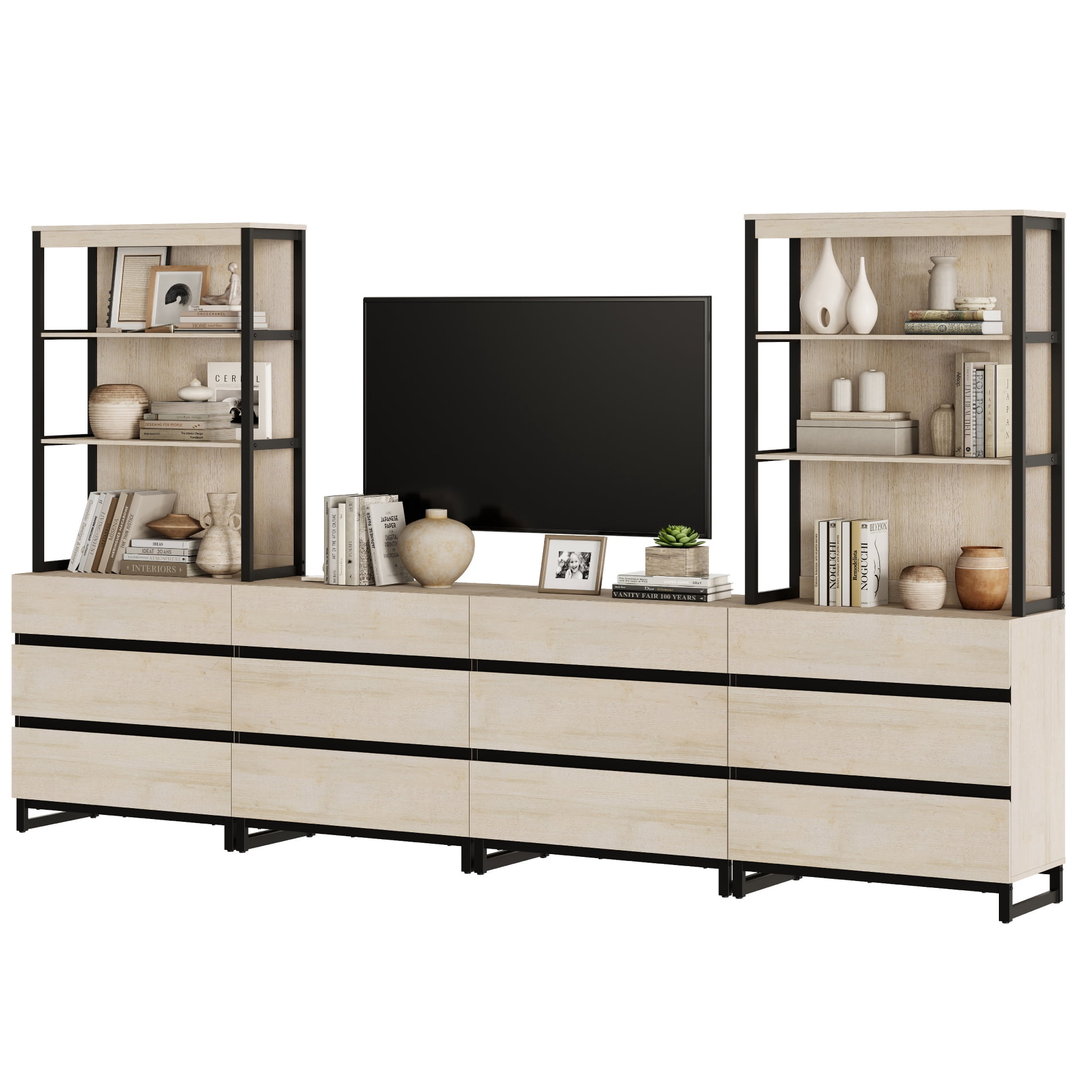 WAMPAT Modern TV Stand, 3-Tier Bookshelf & Farmhouse Entertainment Center with 12 Drawers, Adjustable Shelf & Black Metal Legs, Living Room Media,Console,Beige