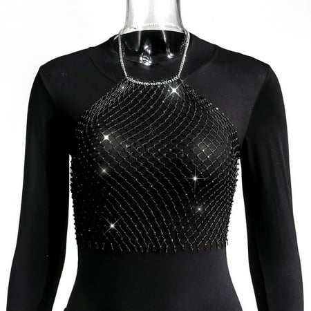 

NECHOLOGY Ladies Halter Shiny Rhinestone Thigh Chain Club Sexy Bra Diamond Vest Armhole Short Top Mesh Crop Tank Vest Satin Top Vest Black X-Small