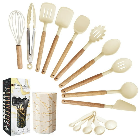 Silicone Cooking Utensils Sets with Utensils Holder AILKIN 12-Piece Wooden Handle Kitchen Utensil Set 600°F Heat Resistant Non-stick Cookware Utensils with Holder Spatulas,Whisk,Tongs,BPA Free,Biege